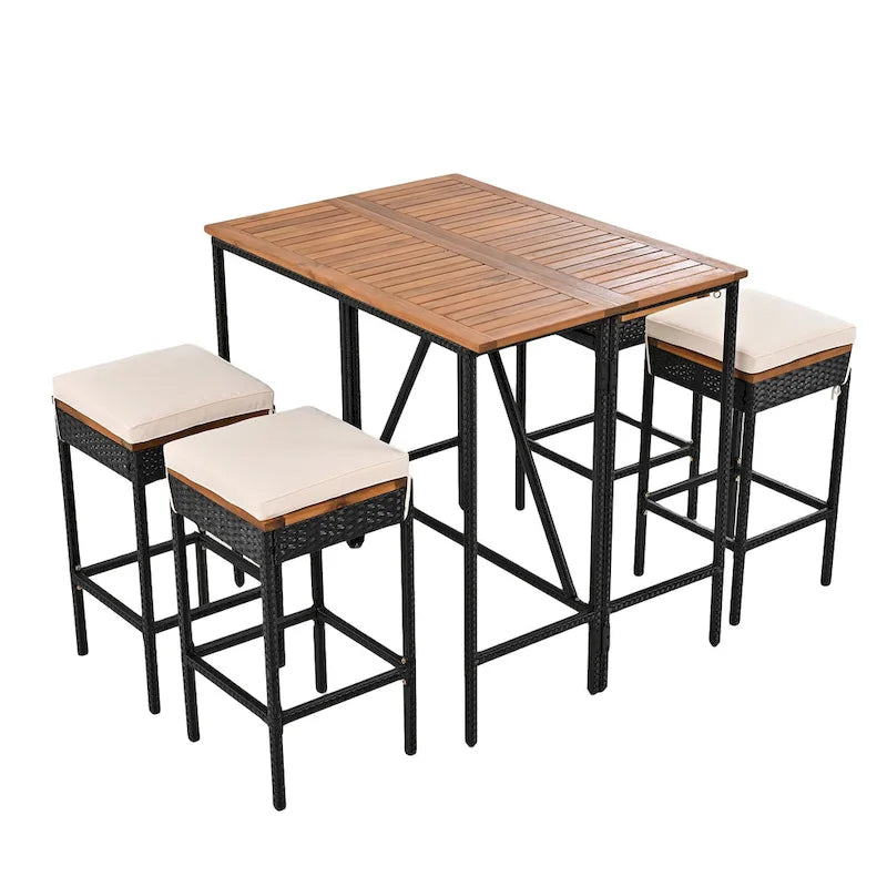 5-Piece Outdoor Patio Counter Height Foldable Dining Set with 4 Cushioned Stools, Acacia Wood Foldable Table