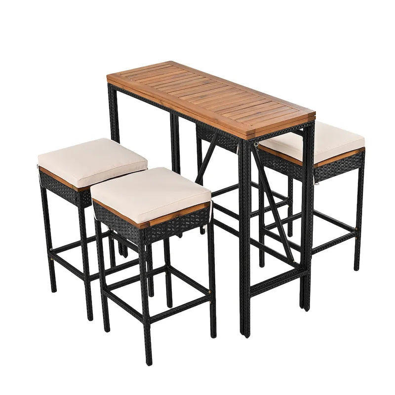 5-Piece Outdoor Patio Counter Height Foldable Dining Set with 4 Cushioned Stools, Acacia Wood Foldable Table