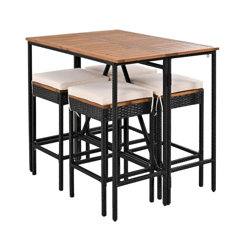 5-Piece Outdoor Patio Counter Height Foldable Dining Set with 4 Cushioned Stools, Acacia Wood Foldable Table