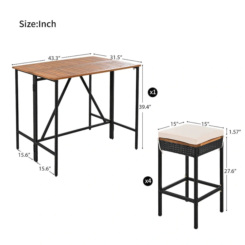 5-Piece Outdoor Patio Counter Height Foldable Dining Set with 4 Cushioned Stools, Acacia Wood Foldable Table