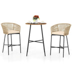 Costway 3 PCS Rope Woven Patio Bar Set with Soft Cushions and Acacia - See Details