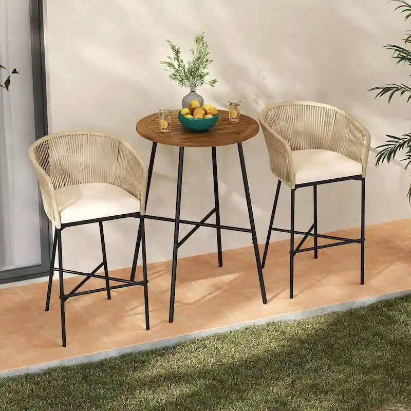 Costway 3 PCS Rope Woven Patio Bar Set with Soft Cushions and Acacia - See Details