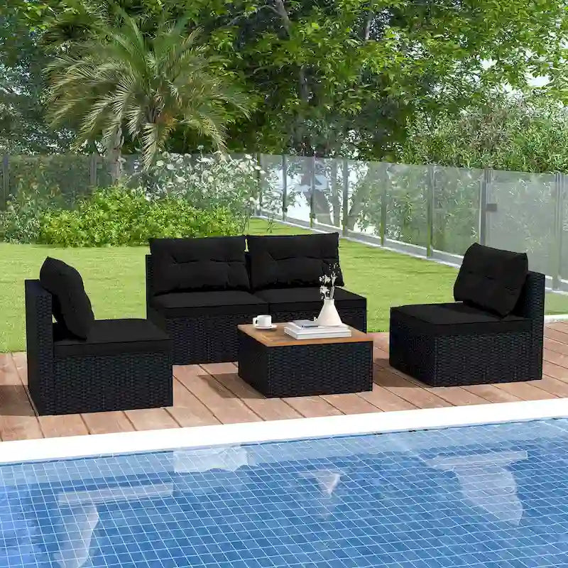 Costway 5 Piece Outdoor Furniture Set with Seat & Back Cushions Acacia - See Details
