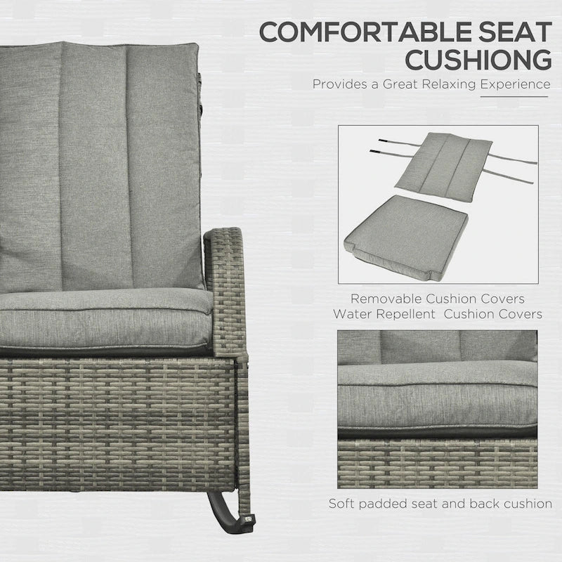 Outdoor Rattan Rocking Chair Patio Recliner with Soft Cushions, Adjustable Footrest, Max. 135 Degree Backrest, PE Wicker