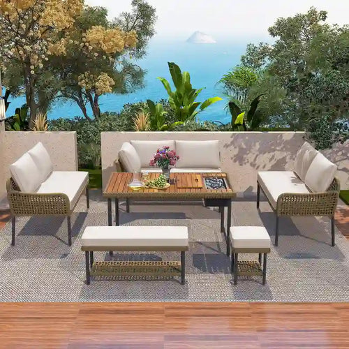 6 Pcs Piece Rope Furniture Set, Outdoor L-Shaped Sectional Sofa Set, Wood Table with Ice Box, Lounge Chair and Rope Bench