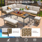 6 Pcs Piece Rope Furniture Set, Outdoor L-Shaped Sectional Sofa Set, Wood Table with Ice Box, Lounge Chair and Rope Bench