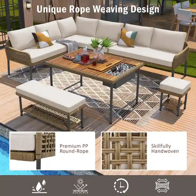 6 Pcs Piece Rope Furniture Set, Outdoor L-Shaped Sectional Sofa Set, Wood Table with Ice Box, Lounge Chair and Rope Bench