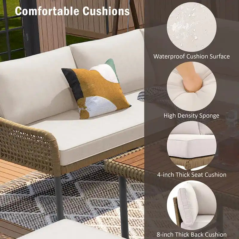 6 Pcs Piece Rope Furniture Set, Outdoor L-Shaped Sectional Sofa Set, Wood Table with Ice Box, Lounge Chair and Rope Bench