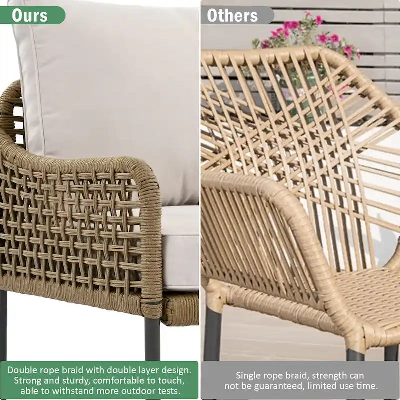 6 Pcs Piece Rope Furniture Set, Outdoor L-Shaped Sectional Sofa Set, Wood Table with Ice Box, Lounge Chair and Rope Bench