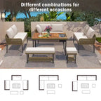 6 Pcs Piece Rope Furniture Set, Outdoor L-Shaped Sectional Sofa Set, Wood Table with Ice Box, Lounge Chair and Rope Bench