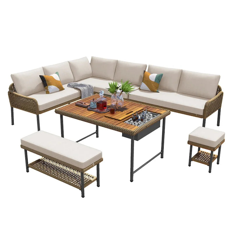 6 Pcs Piece Rope Furniture Set, Outdoor L-Shaped Sectional Sofa Set, Wood Table with Ice Box, Lounge Chair and Rope Bench