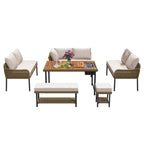 6 Pcs Piece Rope Furniture Set, Outdoor L-Shaped Sectional Sofa Set, Wood Table with Ice Box, Lounge Chair and Rope Bench