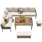 6 Pcs Piece Rope Furniture Set, Outdoor L-Shaped Sectional Sofa Set, Wood Table with Ice Box, Lounge Chair and Rope Bench