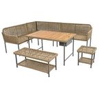 6 Pcs Piece Rope Furniture Set, Outdoor L-Shaped Sectional Sofa Set, Wood Table with Ice Box, Lounge Chair and Rope Bench