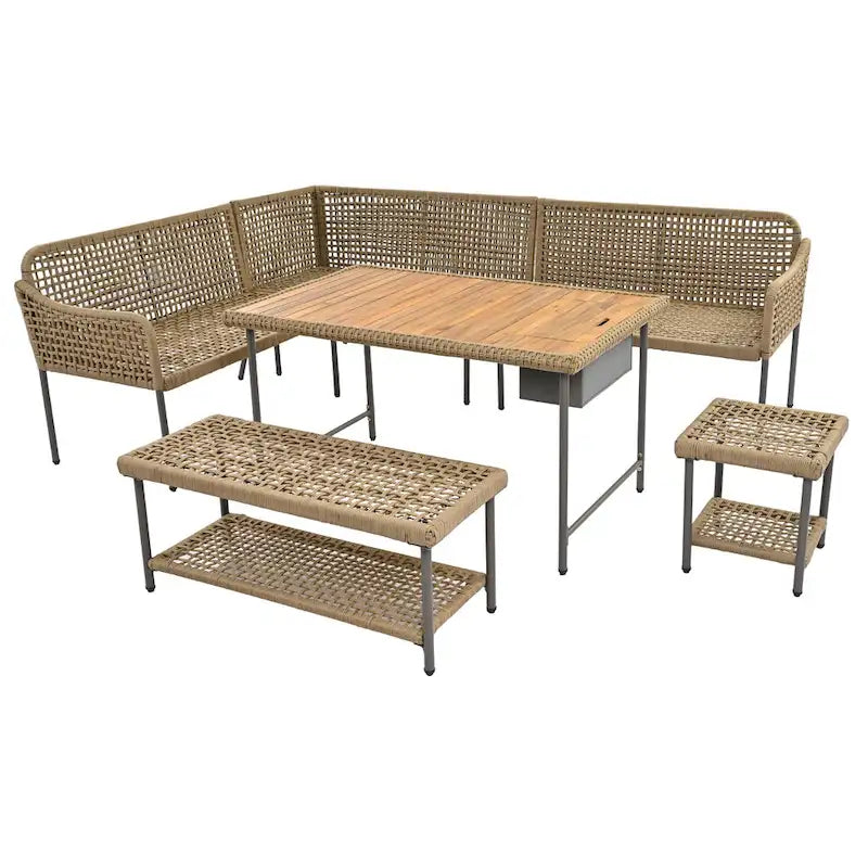 6 Pcs Piece Rope Furniture Set, Outdoor L-Shaped Sectional Sofa Set, Wood Table with Ice Box, Lounge Chair and Rope Bench