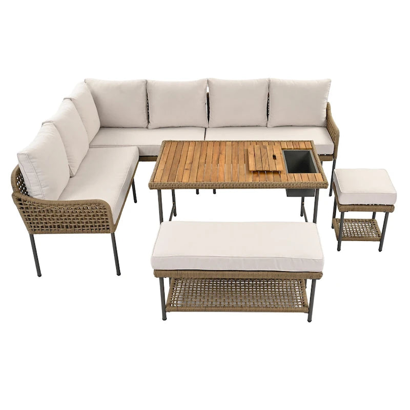 6 Pcs Piece Rope Furniture Set, Outdoor L-Shaped Sectional Sofa Set, Wood Table with Ice Box, Lounge Chair and Rope Bench