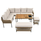 6 Pcs Piece Rope Furniture Set, Outdoor L-Shaped Sectional Sofa Set, Wood Table with Ice Box, Lounge Chair and Rope Bench