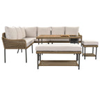6 Pcs Piece Rope Furniture Set, Outdoor L-Shaped Sectional Sofa Set, Wood Table with Ice Box, Lounge Chair and Rope Bench