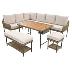 6 Pcs Piece Rope Furniture Set, Outdoor L-Shaped Sectional Sofa Set, Wood Table with Ice Box, Lounge Chair and Rope Bench