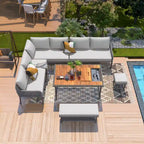 6 Pcs Piece Rope Furniture Set, Outdoor L-Shaped Sectional Sofa Set, Wood Table with Ice Box, Lounge Chair and Rope Bench