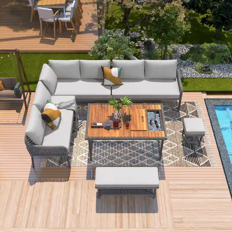 6 Pcs Piece Rope Furniture Set, Outdoor L-Shaped Sectional Sofa Set, Wood Table with Ice Box, Lounge Chair and Rope Bench