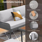 6 Pcs Piece Rope Furniture Set, Outdoor L-Shaped Sectional Sofa Set, Wood Table with Ice Box, Lounge Chair and Rope Bench