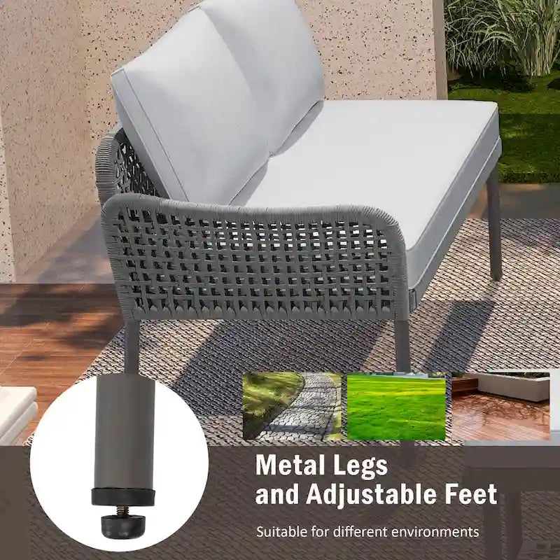 6 Pcs Piece Rope Furniture Set, Outdoor L-Shaped Sectional Sofa Set, Wood Table with Ice Box, Lounge Chair and Rope Bench