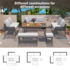 6 Pcs Piece Rope Furniture Set, Outdoor L-Shaped Sectional Sofa Set, Wood Table with Ice Box, Lounge Chair and Rope Bench