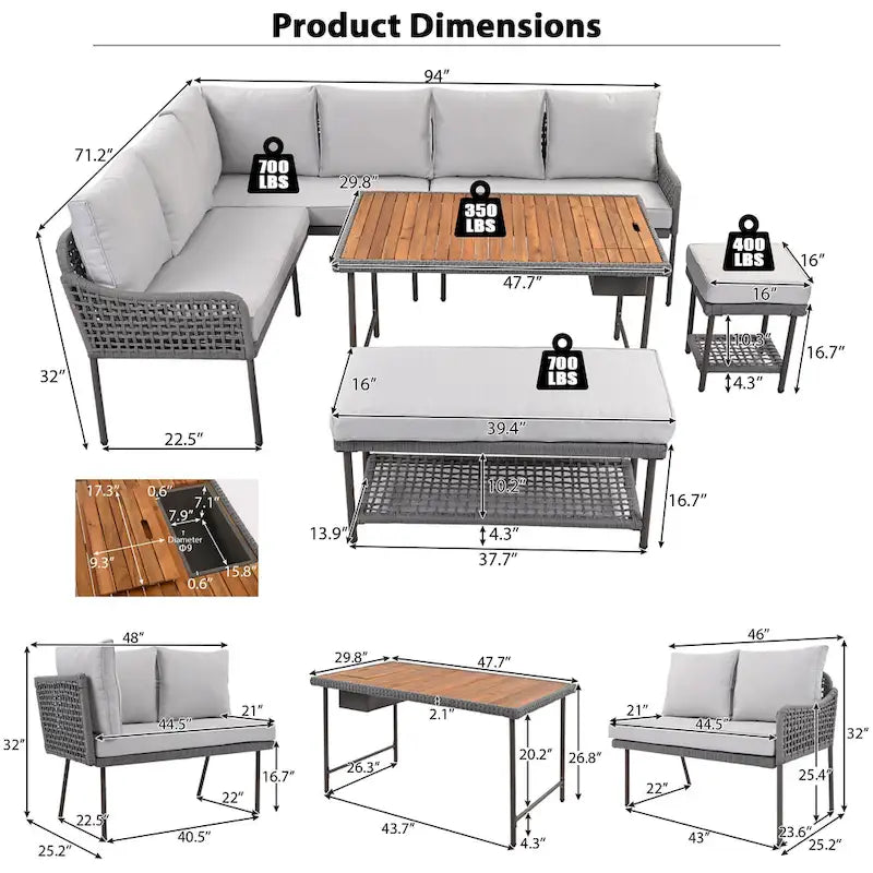 6 Pcs Piece Rope Furniture Set, Outdoor L-Shaped Sectional Sofa Set, Wood Table with Ice Box, Lounge Chair and Rope Bench