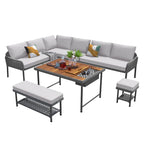 6 Pcs Piece Rope Furniture Set, Outdoor L-Shaped Sectional Sofa Set, Wood Table with Ice Box, Lounge Chair and Rope Bench