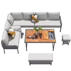 6 Pcs Piece Rope Furniture Set, Outdoor L-Shaped Sectional Sofa Set, Wood Table with Ice Box, Lounge Chair and Rope Bench
