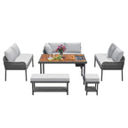 6 Pcs Piece Rope Furniture Set, Outdoor L-Shaped Sectional Sofa Set, Wood Table with Ice Box, Lounge Chair and Rope Bench