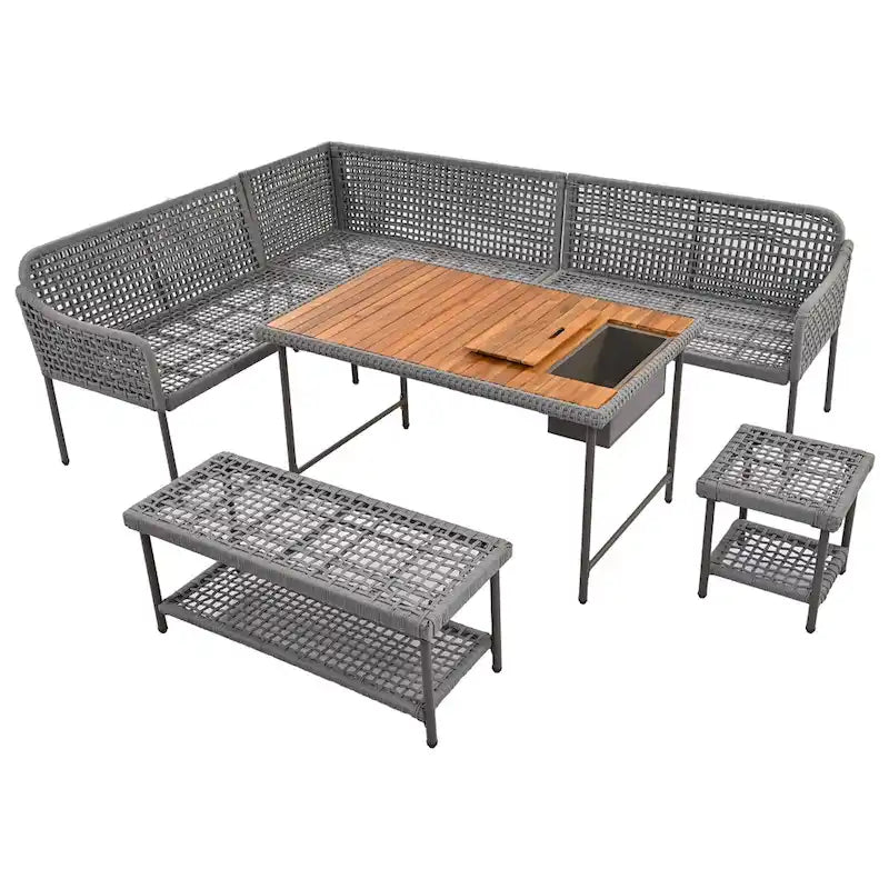 6 Pcs Piece Rope Furniture Set, Outdoor L-Shaped Sectional Sofa Set, Wood Table with Ice Box, Lounge Chair and Rope Bench