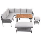 6 Pcs Piece Rope Furniture Set, Outdoor L-Shaped Sectional Sofa Set, Wood Table with Ice Box, Lounge Chair and Rope Bench
