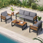 4 Pcs Outdoor Sectional Sofa Set, All-Weather Patio Conversation Furniture Set with Cushion and Solid Wood Coffee Table
