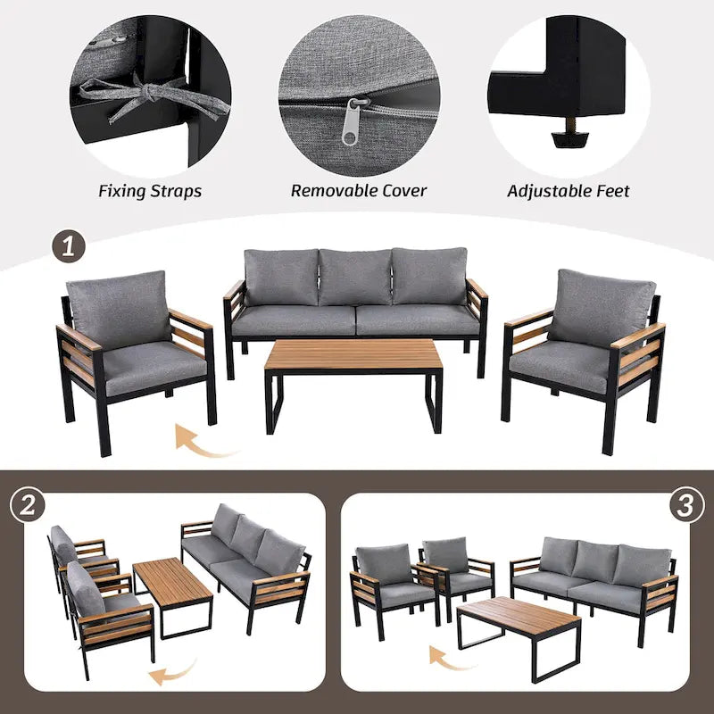 4 Pcs Outdoor Sectional Sofa Set, All-Weather Patio Conversation Furniture Set with Cushion and Solid Wood Coffee Table