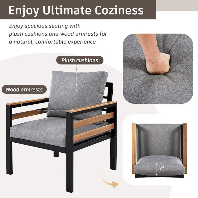 4 Pcs Outdoor Sectional Sofa Set, All-Weather Patio Conversation Furniture Set with Cushion and Solid Wood Coffee Table