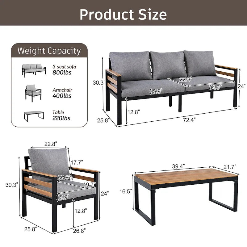 4 Pcs Outdoor Sectional Sofa Set, All-Weather Patio Conversation Furniture Set with Cushion and Solid Wood Coffee Table