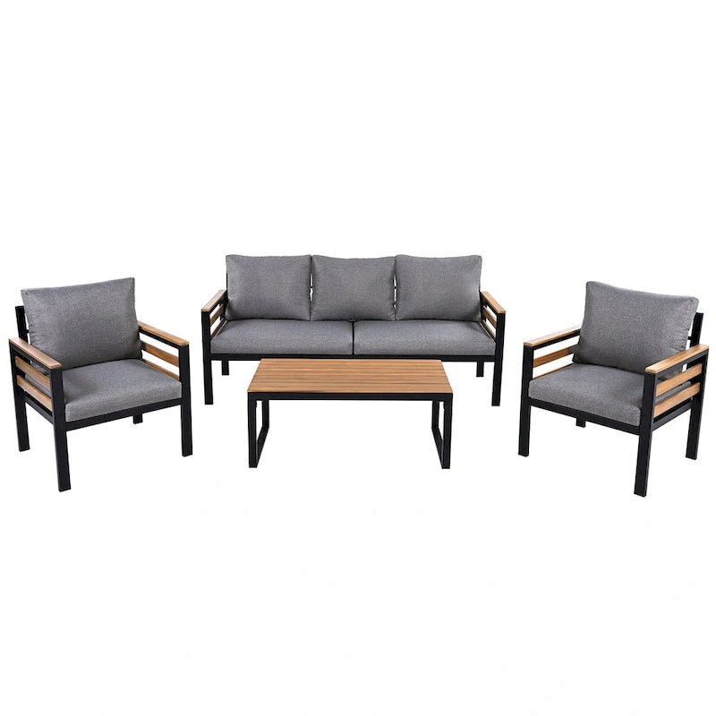 4 Pcs Outdoor Sectional Sofa Set, All-Weather Patio Conversation Furniture Set with Cushion and Solid Wood Coffee Table