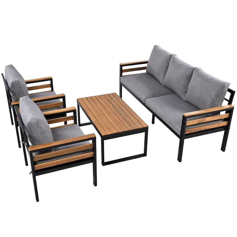 4 Pcs Outdoor Sectional Sofa Set, All-Weather Patio Conversation Furniture Set with Cushion and Solid Wood Coffee Table