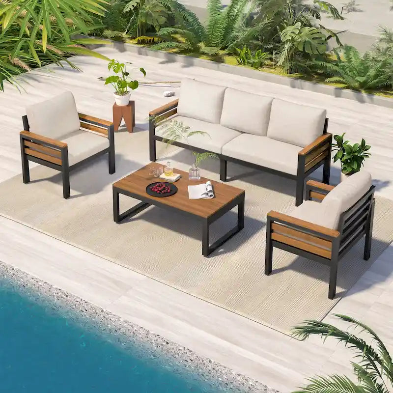 4 Pcs Outdoor Sectional Sofa Set, All-Weather Patio Conversation Furniture Set with Cushion and Solid Wood Coffee Table