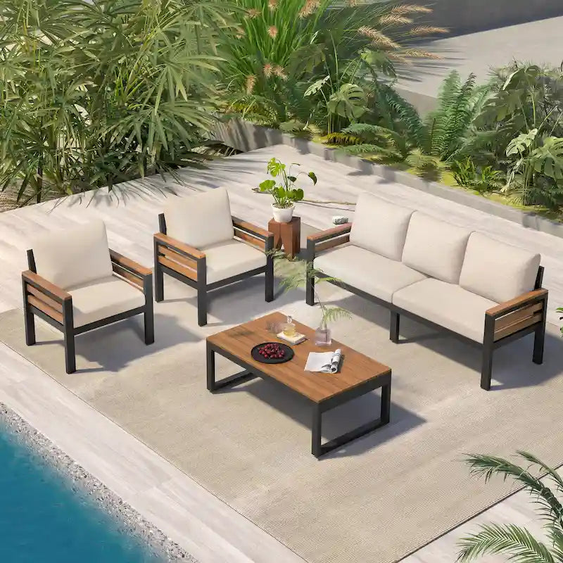 4 Pcs Outdoor Sectional Sofa Set, All-Weather Patio Conversation Furniture Set with Cushion and Solid Wood Coffee Table