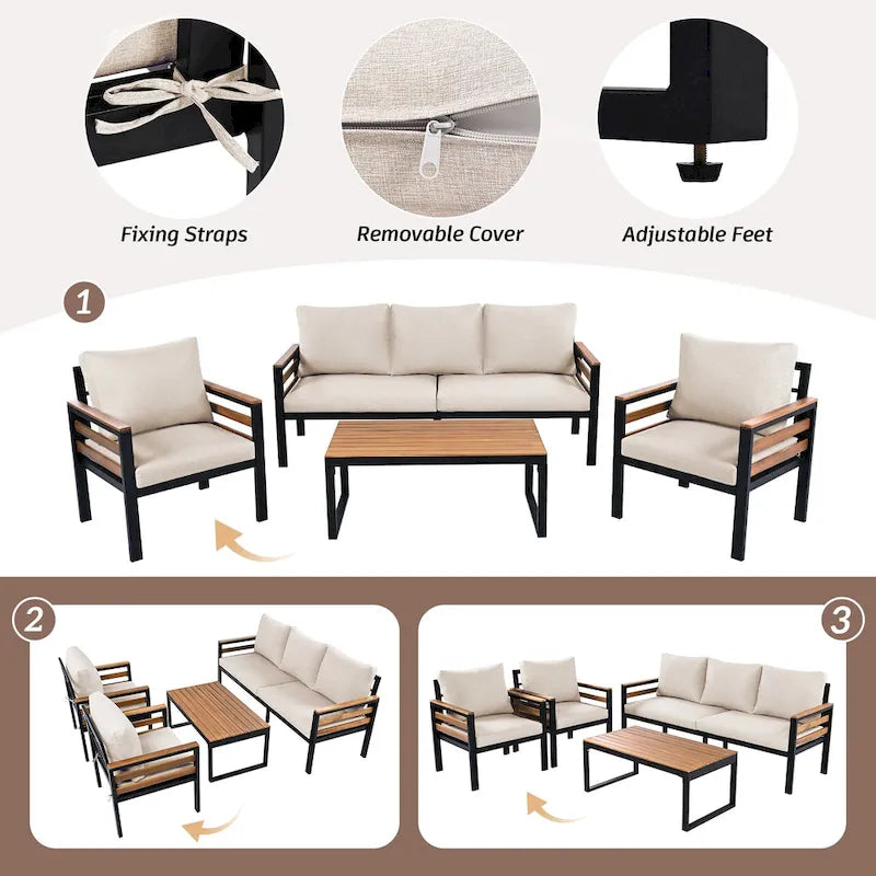 4 Pcs Outdoor Sectional Sofa Set, All-Weather Patio Conversation Furniture Set with Cushion and Solid Wood Coffee Table