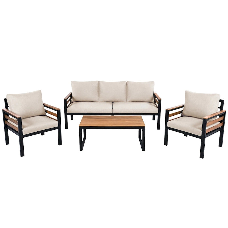 4 Pcs Outdoor Sectional Sofa Set, All-Weather Patio Conversation Furniture Set with Cushion and Solid Wood Coffee Table