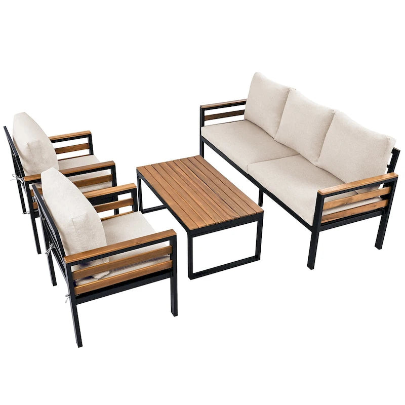 4 Pcs Outdoor Sectional Sofa Set, All-Weather Patio Conversation Furniture Set with Cushion and Solid Wood Coffee Table