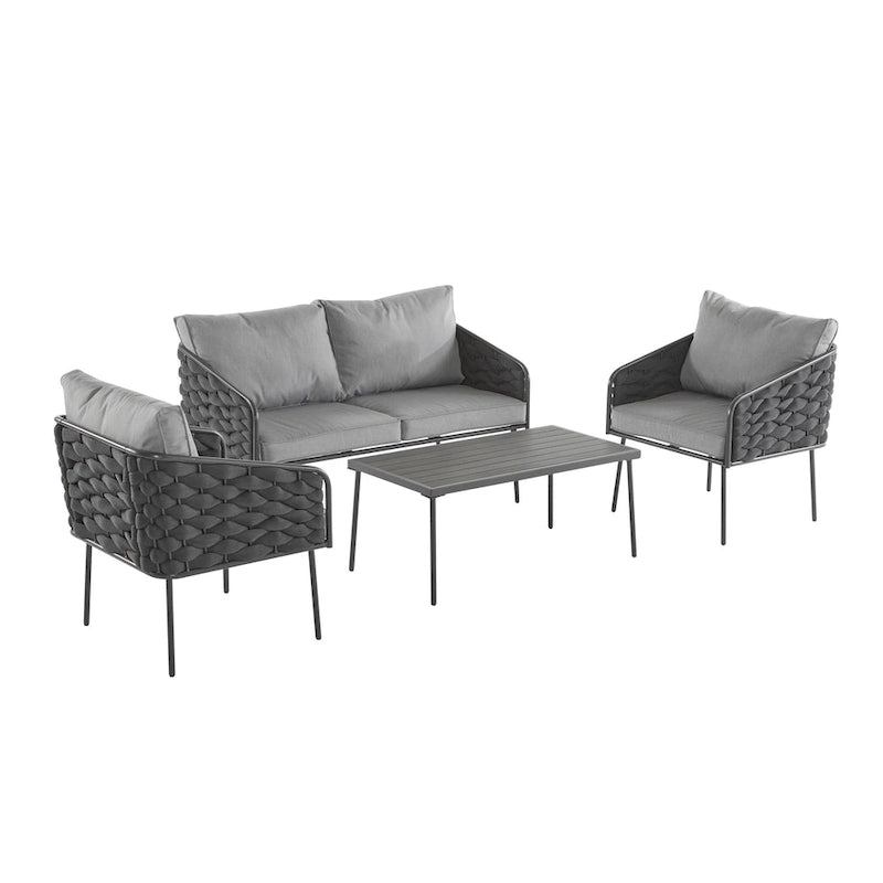4 Piece Outdoor Conversation Furniture Set, Patio Rope Weaving Sofa Set with Waterproof Cushion and Coffee Tabl