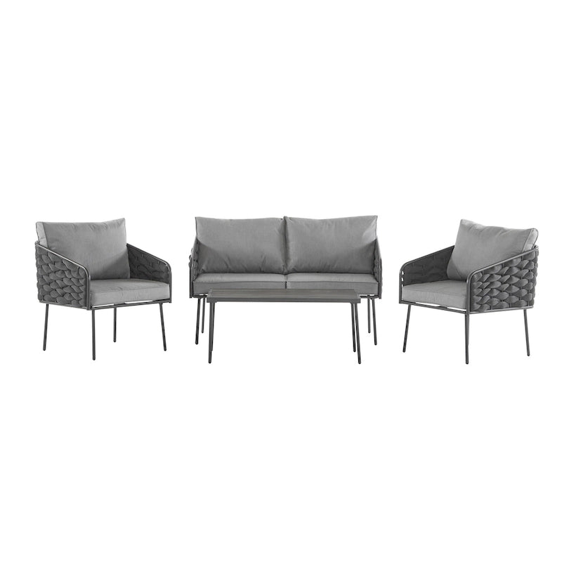 4 Piece Outdoor Conversation Furniture Set, Patio Rope Weaving Sofa Set with Waterproof Cushion and Coffee Tabl