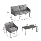4 Piece Outdoor Conversation Furniture Set, Patio Rope Weaving Sofa Set with Waterproof Cushion and Coffee Tabl