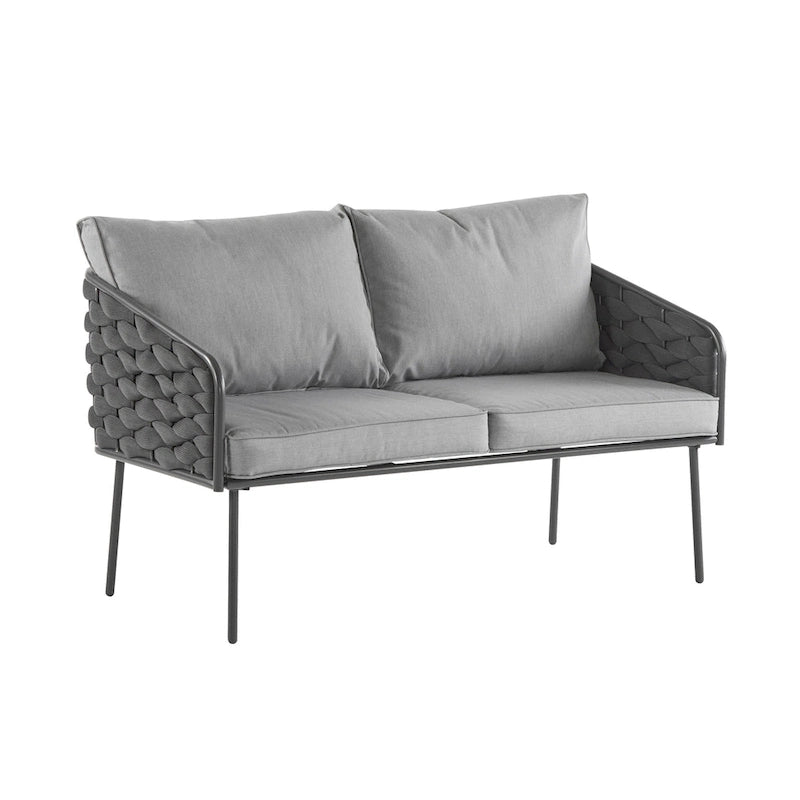 4 Piece Outdoor Conversation Furniture Set, Patio Rope Weaving Sofa Set with Waterproof Cushion and Coffee Tabl