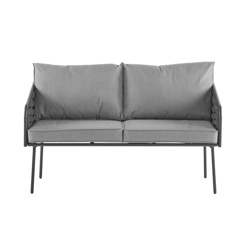 4 Piece Outdoor Conversation Furniture Set, Patio Rope Weaving Sofa Set with Waterproof Cushion and Coffee Tabl